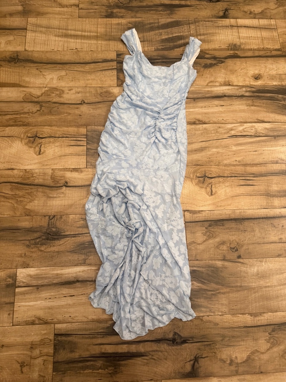 Light Blue Floral Ruched Maxi Dress - Women's Elegant Evening Gown